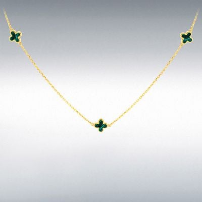 18ct Yellow Gold 3 x 6.5mm Malachite Clover Petals Necklace 41-43cm/16-17" 7.19.1620