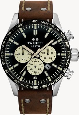 TW Steel Volante Quartz Chronograph (48mm) Black Dial / Brown Leather Strap Watch VS120