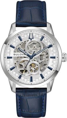 Bulova Sutton Automatic (40mm) Silver Skeleton Dial / Blue Leather Strap 96A330