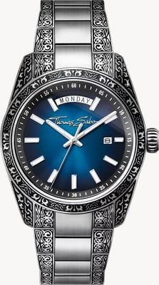 Thomas Sabo Rebel At Heart 'Revive' (40mm) Midnight Blue Sunburst Dial / Engraved Stainless Steel Bracelet WA0439-201-209-40