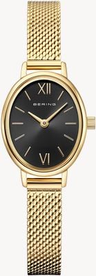 Bering Classic Oval Quartz (20mm) Black Sunray Dial / Gold Milanese Mesh Strap Watch 11020-332
