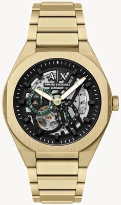 Armani Exchange Mechanical Skeleton (44mm) Black Skeleton Dial / Gold PVD Stainless Steel Bracelet AX4194