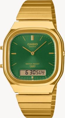 Casio Vintage Dual-Display (35.8mm) Green Sunray Dial / Gold PVD Stainless Steel Bracelet AQ-240EG-3AEF
