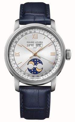 Favre Leuba 1737 Triple Calendar Moonphase Automatic (39mm) Silver Sunray-Brushed Dial / Blue Leather Strap 00.20501.108.16.105