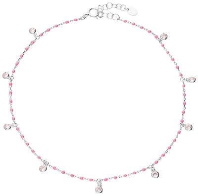 Sterling Silver Pink Enamel Beaded Anklet With Cubic Zirconia H3600/P
