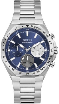 Guess Men's Blake Blue Sunray Dial Silver-Tone Stainless Steel Bracelet GW1122G1