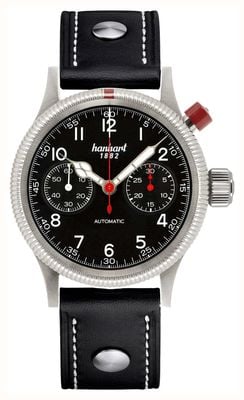 Hanhart PIONEER Mk I Automatic Chronograph (40mm) Black Dial / Black Leather Rivet Strap - M 714.210-0010