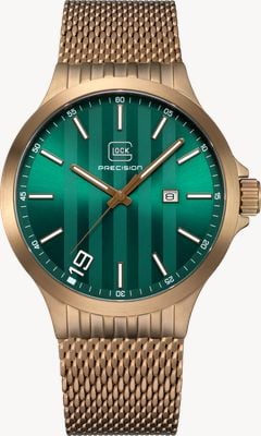 GLOCK Precision Date Quartz (44mm) Green Striped Dial / Gold PVD Stainless Steel Mesh Strap GW-12-2-24
