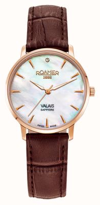 Roamer Valais Quartz (32mm) Mother-of-Pearl Dial / Brown Leather & Rose-Gold Steel Mesh Strap Set Watch 989847 49 10 05