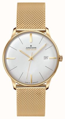 Junghans Meister MEGA Solar Radio-Controlled (38mm) Matte White Dial / Gold PVD Stainless Steel Mesh Bracelet 59/7600.46