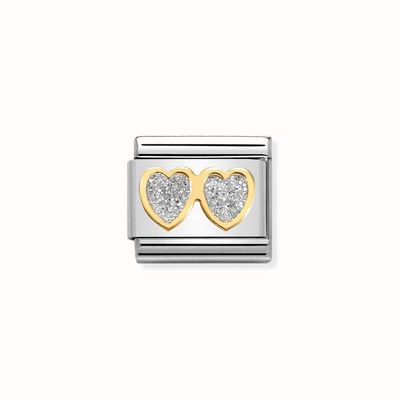 Nomination Composable Classic GLITTER SYMBOLS In Steel Enamel And 18k Gold Double SILVER Hearts 030220/01