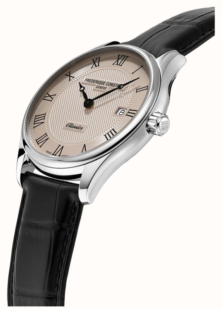 Frederique Constant Classics Quartz Date (40mm) Cream Clous de Paris Guilloché / Black Leather Strap FC-220CR5B6 - alternate view 2