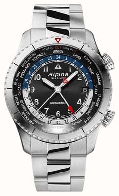 Alpina Startimer Pilot Quartz Worldtimer (41mm) Black Dial / Stainless Steel Bracelet AL-255B4S26B