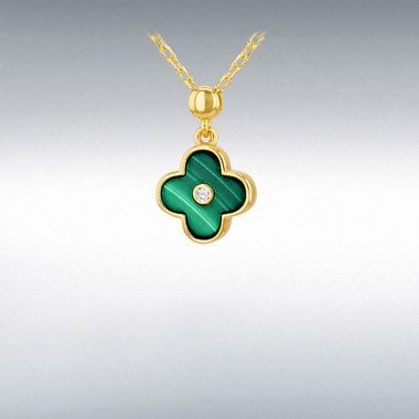 Sterling SilverYellow Gold Plated 19mm x 11mm Clover Malachite and 2mm White CZ Adjustable Necklace 8.12.0170