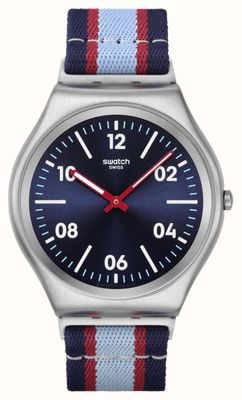 Swatch BESIDE THE SEA (42mm) Blue Sun-Brushed Dial / Blue & Burgundy Striped Textile Strap SS07S148