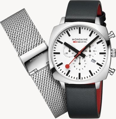 Mondaine SBB Grand Cushion Chronograph (41mm) White Dial / Black Grape Leather Steel Mesh Set MSL.41410.LBV.SET