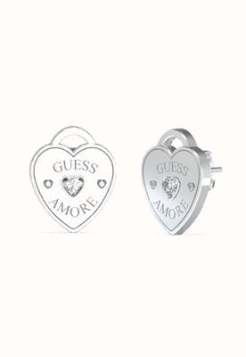 Guess Amore Ladies Silver Crystal Heart Lock Earrings UBE05058RH