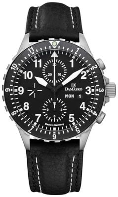 Damasko DC66 Automatic Chronograph - Silicone Escape (42mm) Black Dial / Black Leather Double-Stitch Strap DC66-BW-STITCH-STANDARD-ENGLISH