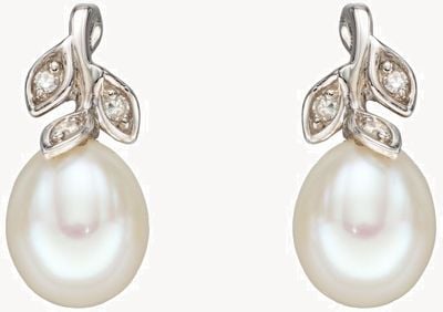 Elements Gold 9ct White gold Pearl Diamond Flower Leaf Studs GE2342W