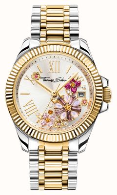 Thomas Sabo Crystal Flowers (33mm) Gold Sunray Dial / Two-Tone Stainless Steel Bracelet WA0382-291-201-33
