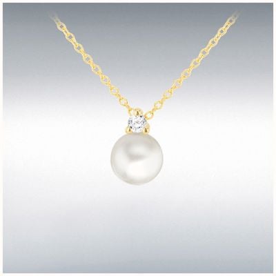 IBB 9ct Y/g Cz Single Round Pearl Drop Pendant 18" 1.13.7604