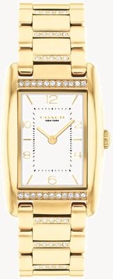 Coach Women's Reese White Rectangular Dial / Crystal-Set Gold-Tone Stainless Steel Bracelet 14504316