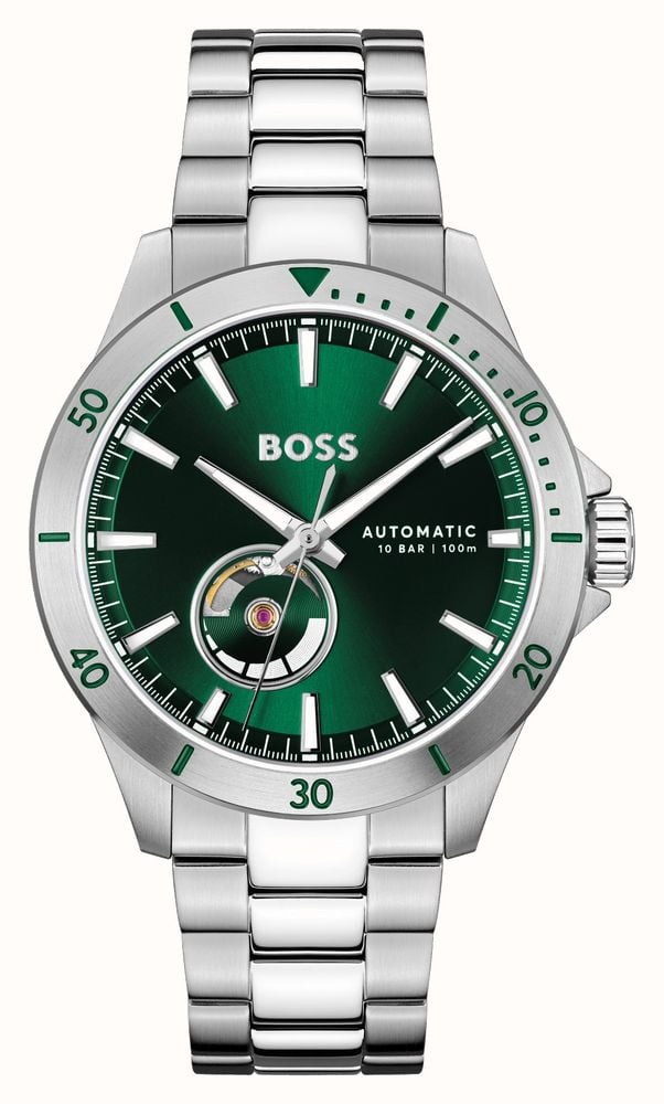 BOSS Men s Troper 42mm Automatic Green Dial Stainless Steel Bracelet 1514200 First Class Watches