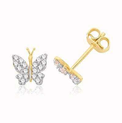 James Moore TH 9ct Yellow Gold Cz Butterfly Stud Earrings ES1001