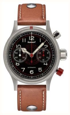 Hanhart PIONEER TachyTele Automatic (40mm) Black Dial / Light Brown Leather Rivet Strap - M 712.210-0210