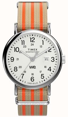 Timex Weekender INDIGLO (40mm) White Dial / Tan & Orange Striped Fabric Strap TW2Y08900
