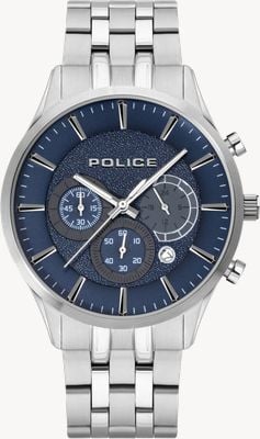Police CAGE Quartz Multifunction (44mm) Blue Chronograph Dial / Stainless Steel Bracelet PEWJI2194301