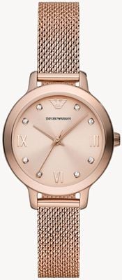 Emporio Armani Women's | Pink Dial | Crystal Set | Rose Gold Steel Mesh Bracelet EX-DISPLAY AR11512 EX-DISPLAY