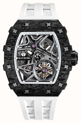 TSAR BOMBA Elemental Series Carbon Fibre Automatic (43.5mm) Black Skeleton Dial / White FKM Rubber Strap TB8209CF-03