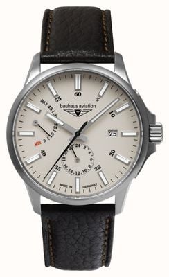 Bauhaus Aviation Titanium Automatic Power-Reserve (42mm) Beige Luminous Dial / Black Leather Strap 28605