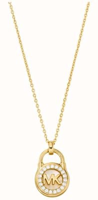 Michael Kors Lock Pendant Necklace | Gold Plated Sterling Silver | Crystal Set | Mother of Pearl MKC1562AH710