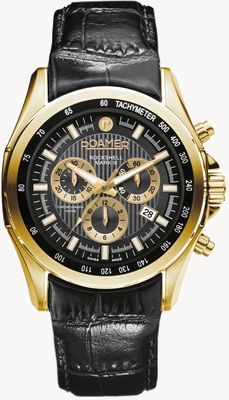 Roamer Rockshell Mark III Chrono Black Dial Black Leather Strap Gold IP 220837 48 55 02