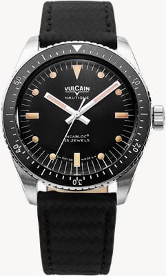 Vulcain Skindiver Nautique Automatic (38mm) Black Dial / Black Carbon Leather Strap Watch 660170A07.BAC243