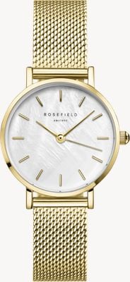 Rosefield Small Edit (26mm) White Mother-of-Pearl Dial / Gold-Plated Stainless Steel Mesh Bracelet SMGMG-S06