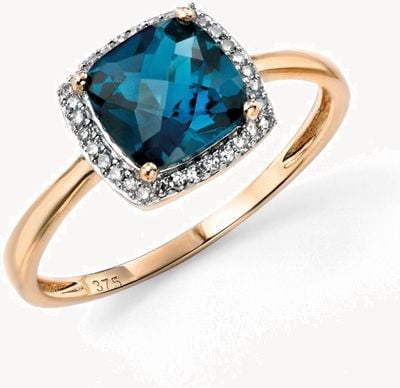 Elements Gold 9ct Yellow Gold Diamond Surround Blue Topaz Checkerboard GR453T