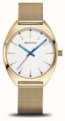 Bering FREEDOM Classic Quartz Rainbow (36mm) White Dial / Gold PVD Steel Mesh & Rainbow NATO Straps 127220-36-334