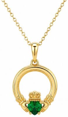Burren Jewellery 18K Gold Plated Claddagh Pendant With A Heart-shaped Emerald-coloured CZ. P1876