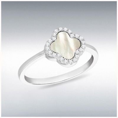 Sterling Silver Rhodium Plated 11mm Clover Mother of Pearl and 1.1mm White CZ Ring 8.84.1361