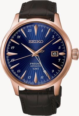 Seiko Presage Cocktail Time ‘ Corcovado’ GMT (40.5mm) Blue Dial / Brown Leather Strap HCB005J1