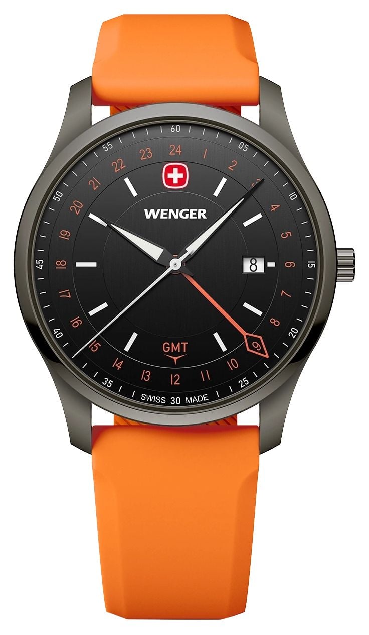 Wenger 01.1442.104 City GMT Quartz (42mm) Brushed Black Dial Watch