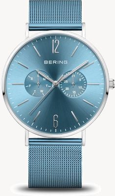 Bering Classic Polished Silver (40mm) Blue Sunray Dial / Blue Stainless Steel Mesh 14240-809