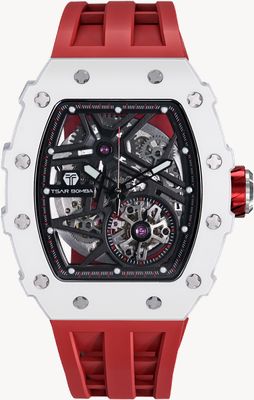 TSAR BOMBA Elemental Series Ceramic Automatic (43.5mm) Black Skeleton Dial / Red FKM Rubber Strap TB8209C-01