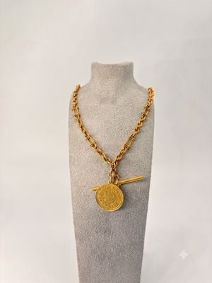 Pre-owned Antique 9ct Yellow Gold Solid Rope and Fancy Bar Link T-Bar 14inch Chain with 18ct Gold Pendant JM6651