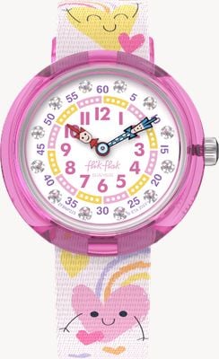 Flik Flak BOUNCING HEARTS (31.85mm) White Dial / Pink Heart-Patterned Recycled PET Strap FBNP223