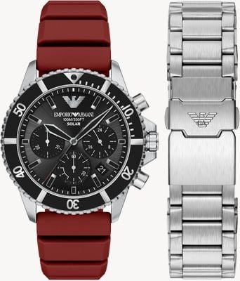 Emporio Armani World Explorer Chronograph (43mm) Black Dial / Red Rubber & Stainless Steel Bracelet AR80091SET