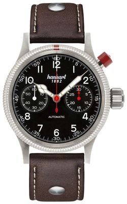 Hanhart PIONEER Mk I Automatic Chronograph (40mm) Black Dial / Dark Brown Leather Rivet Strap - M 714.210-0110